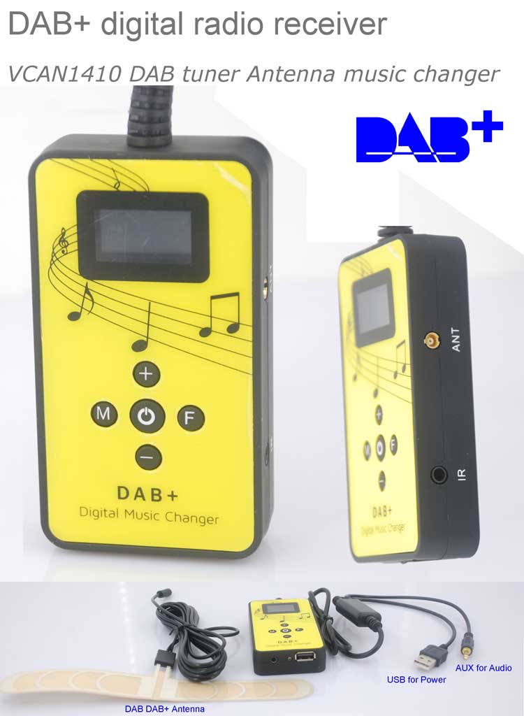 Цифровий радіоприймач DAB+ Plus dab plus тюнер Антена USB живлення AUX вхід Музичний чейнджер VCAN1410