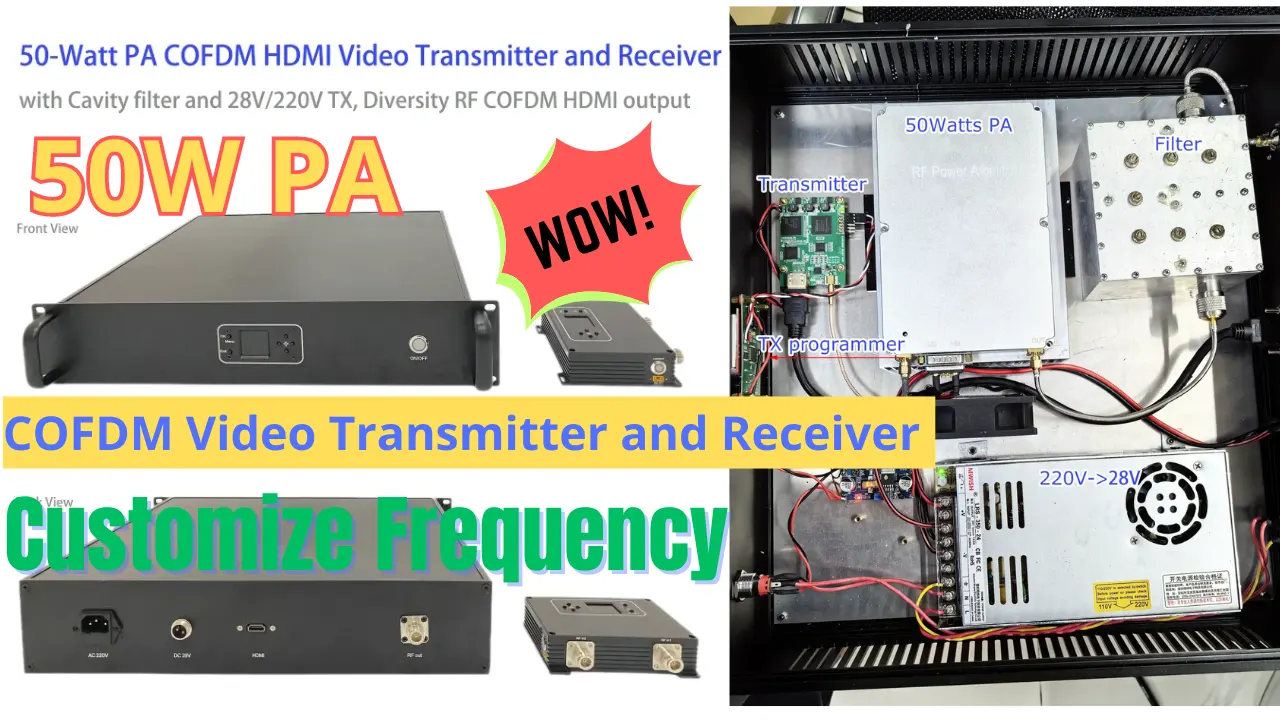 50 watts PA power amplifier COFDM video transmitter and receiver 200-860Mhz frequency customize